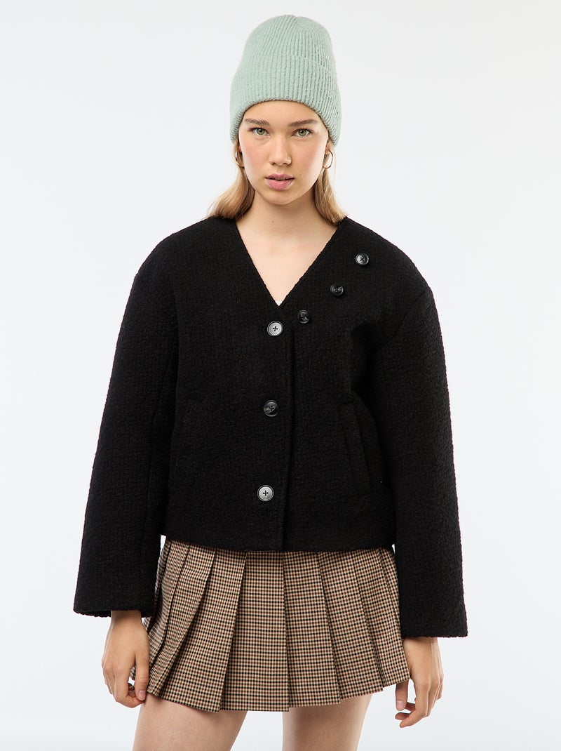 Casaco curto em imitação de lã com cachecol removível Preto - Kiabi