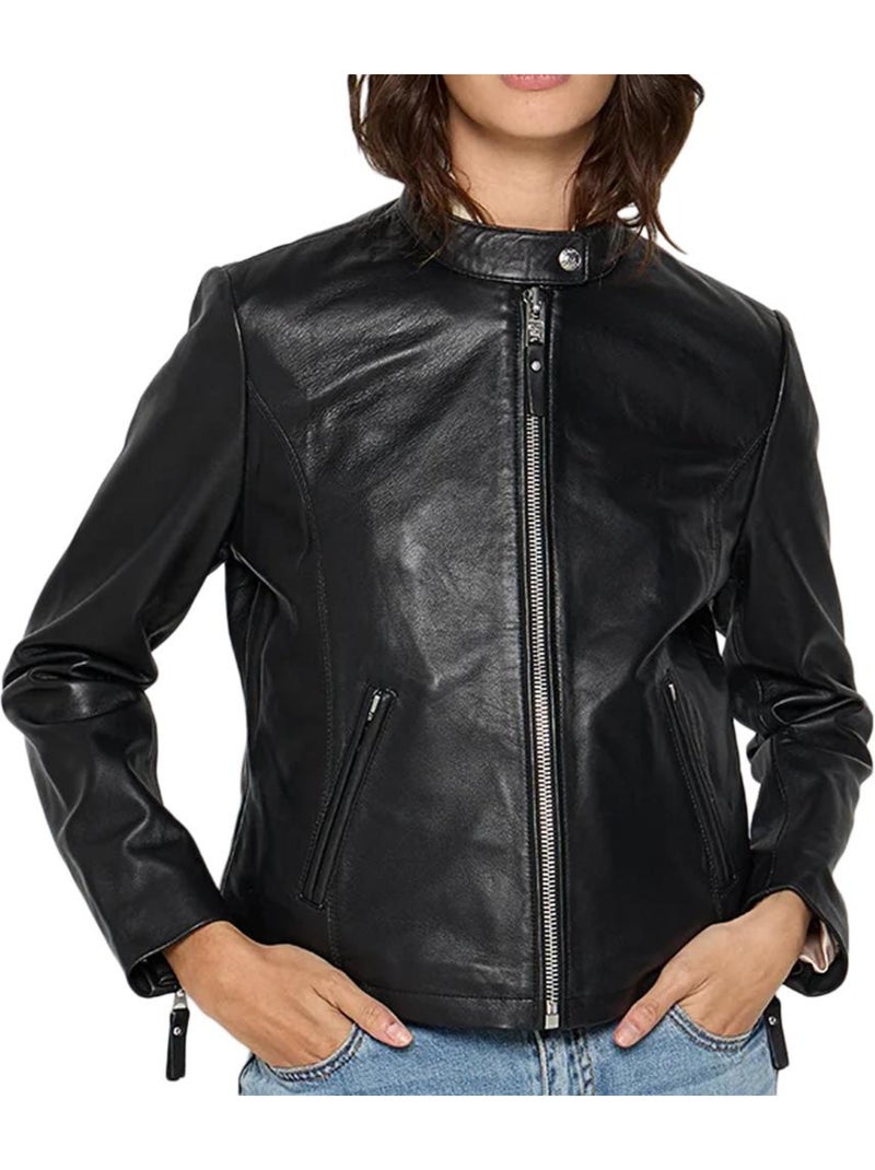 Casaco de Couro Preto Feminino Schott Lola Preto - Kiabi