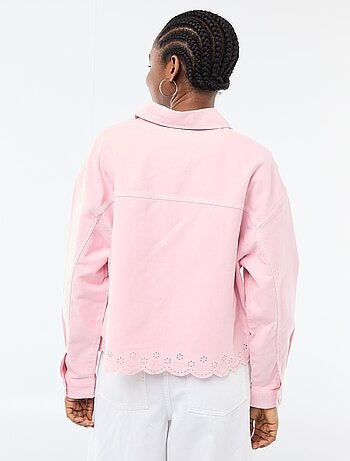 Casaco de ganga com botões e bordado em algodão liso