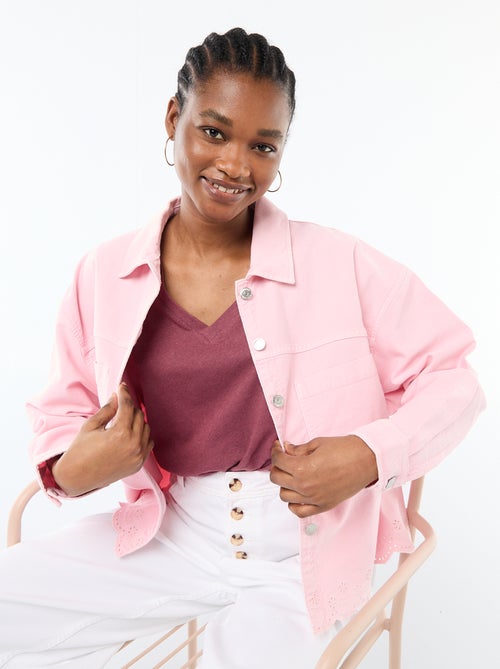 Casaco de ganga com botões e bordado em algodão liso - Kiabi