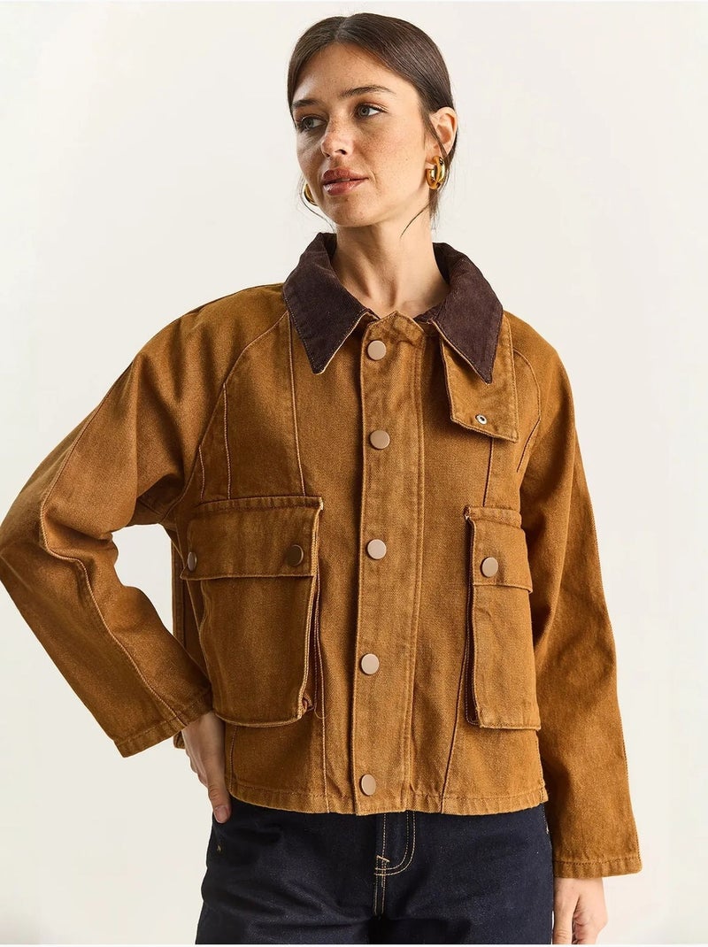 Casaco de ganga oversized com fecho de botões e bolsos lucci Camelo - Kiabi