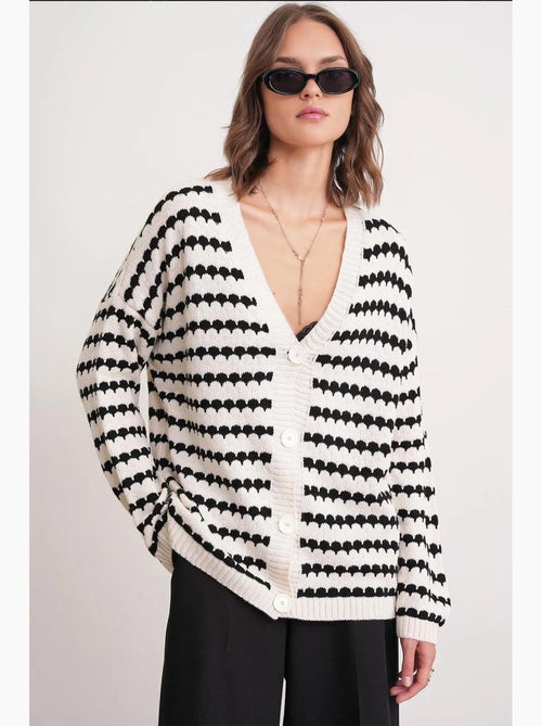 Casaco de malha canelada oversize às riscas com botões mixray - Kiabi Casaco de malha canelada oversize às riscas com botões mixray - Kiabi