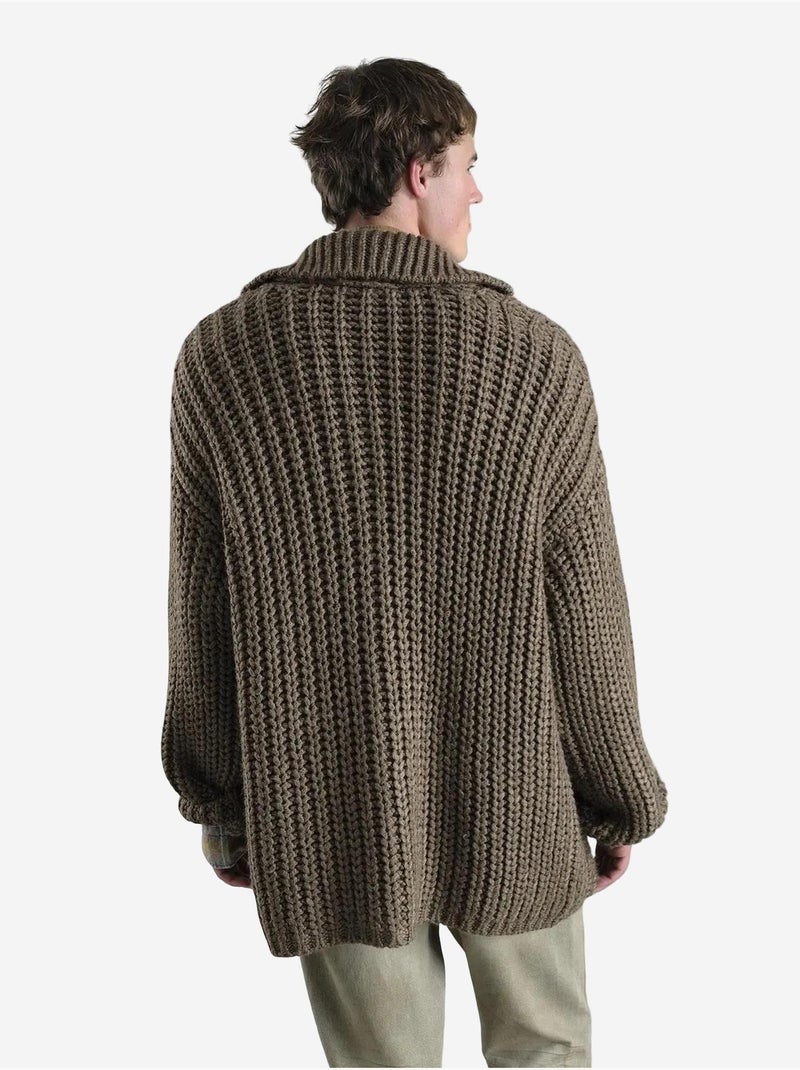 Casaco de malha canelada oversized com gola alta e bolsos giesto Castanho-claro - Kiabi