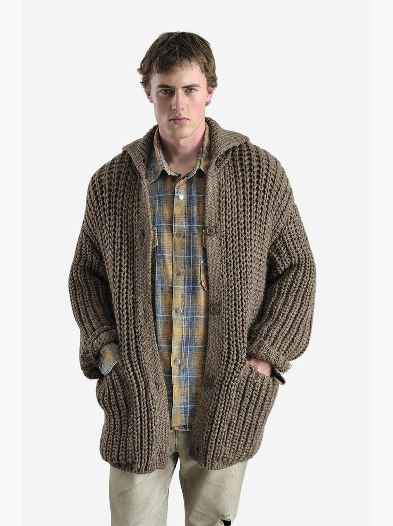 Casaco de malha canelada oversized com gola alta e bolsos giesto Castanho-claro - Kiabi