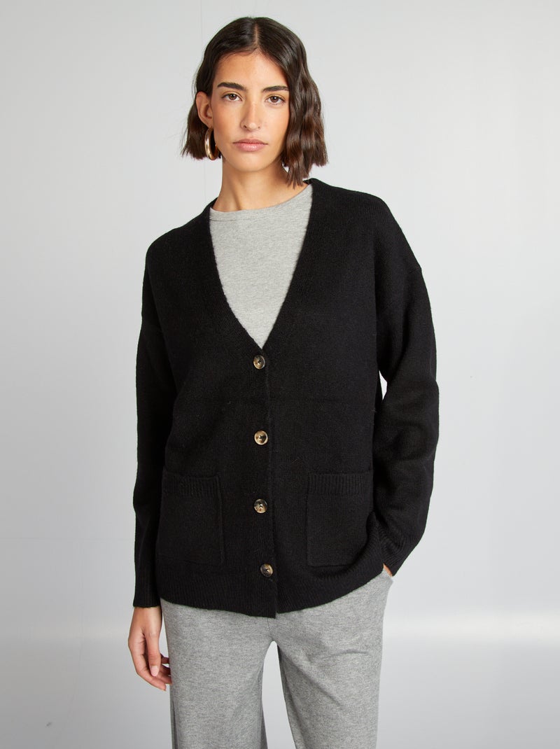 Casaco de malha com 2 bolsos de chapa Preto - Kiabi