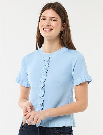 Casaco de malha com botões e mangas com folhos