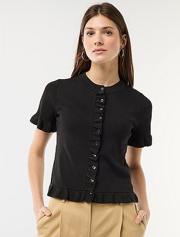 Casaco de malha com botões e mangas com folhos