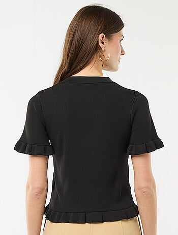 Casaco de malha com botões e mangas com folhos