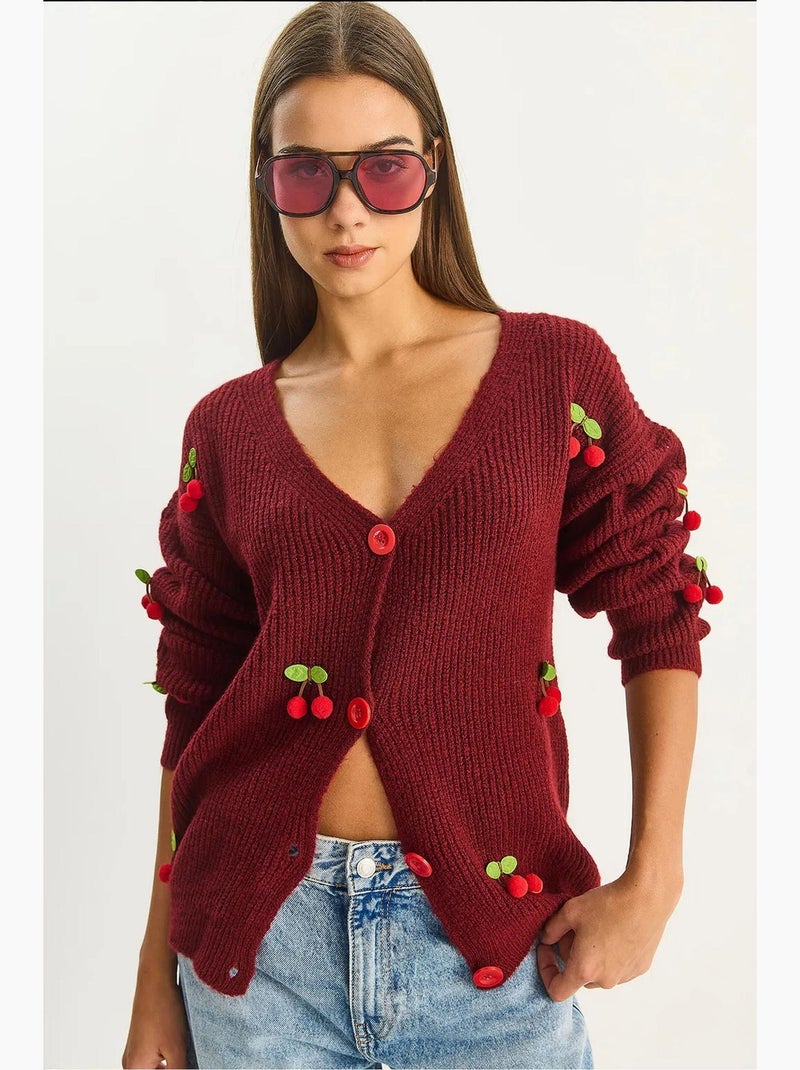 Casaco de malha com decote em v e bordado de fruta lucci Vermelho bordô - Kiabi