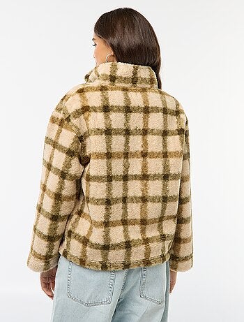 Casaco de malha com fecho de correr e gola subida efeito shearling