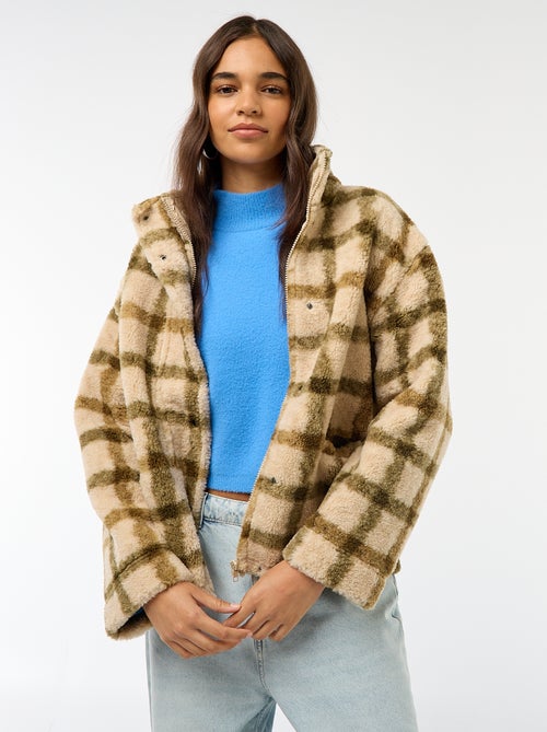 Casaco de malha com fecho de correr e gola subida efeito shearling - Kiabi