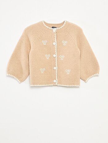 Casaco de malha com gola redonda e flores bordadas