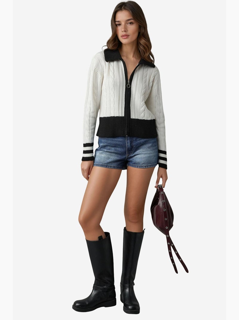 Casaco de malha curto com gola polo e fecho de correr my fashion Branco sujo - Kiabi