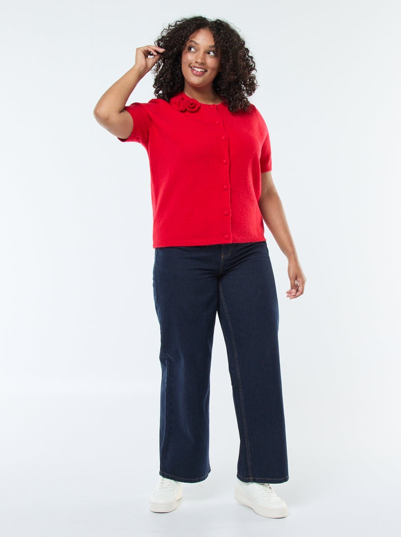 Casaco de malha de mangas curtas com bordados de flores no ombro Vermelho - Kiabi