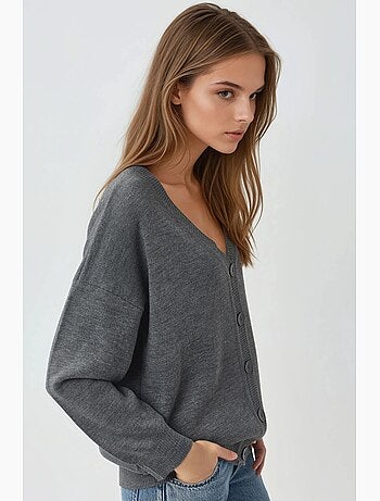 Casaco de malha oversize canelado com decote em v e botões my fashion