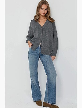 Casaco de malha oversize canelado com decote em v e botões my fashion