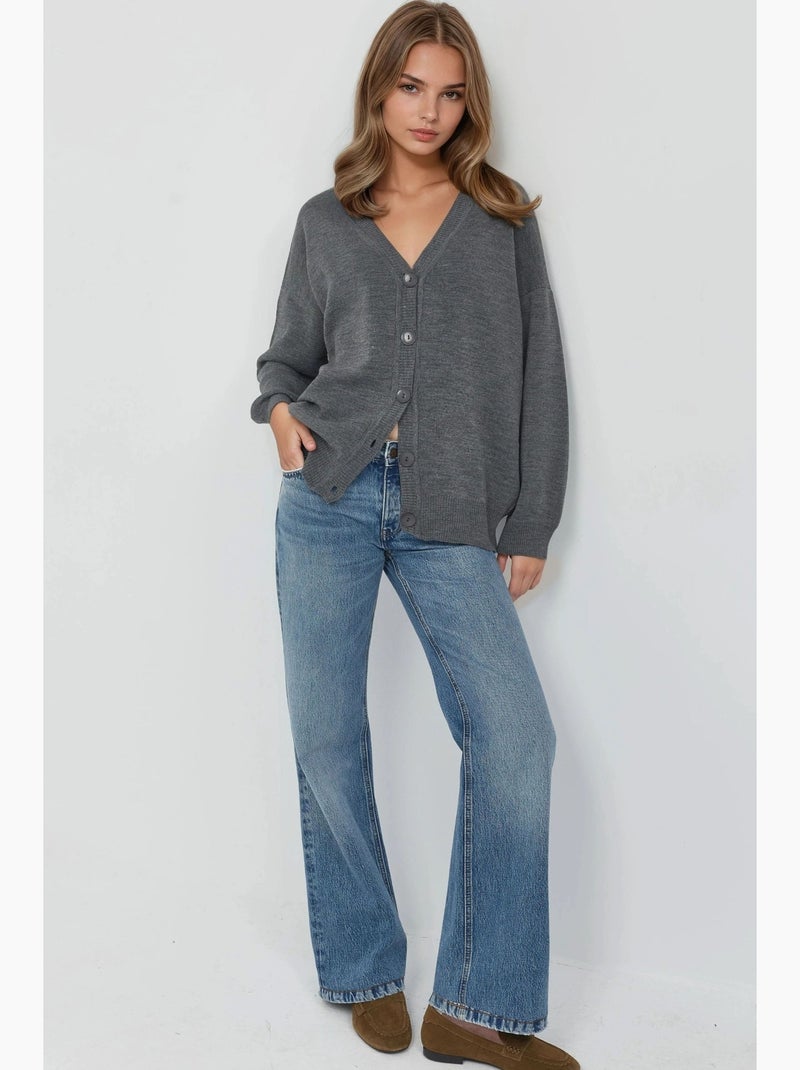 Casaco de malha oversize canelado com decote em v e botões my fashion Cinza escuro - Kiabi