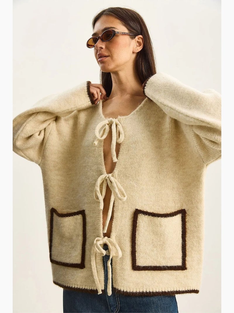 Casaco de malha oversized com fecho de atar lucci Bege-argila - Kiabi
