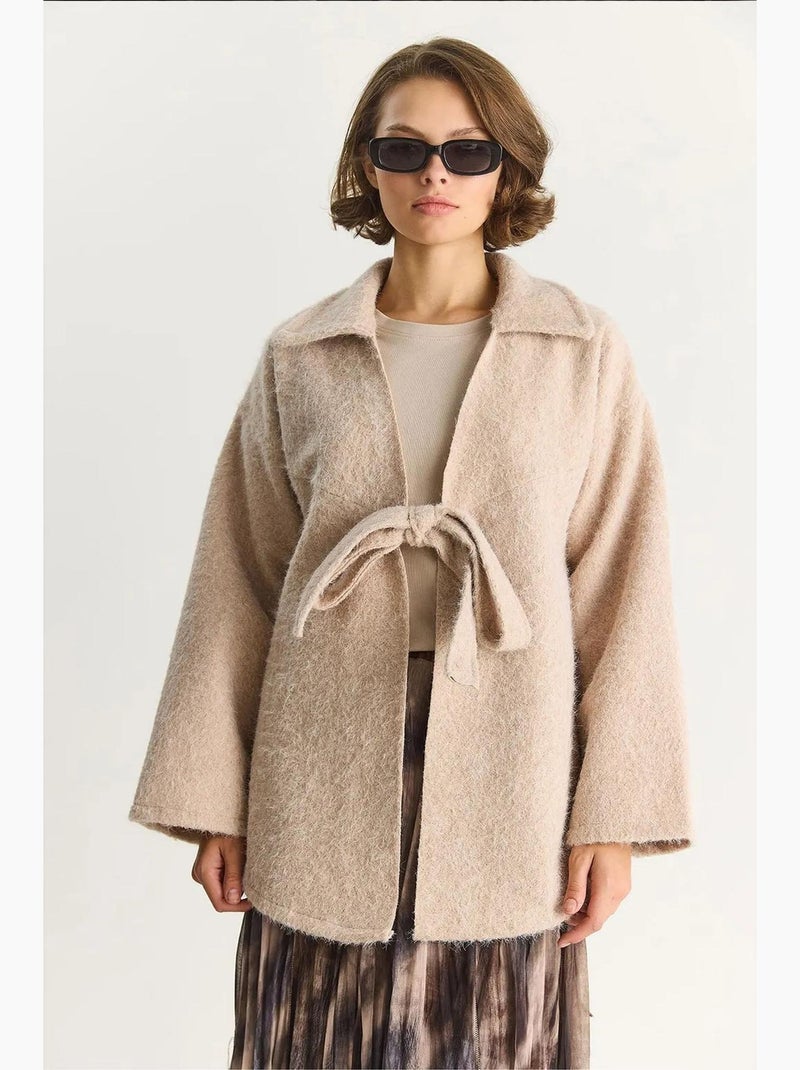 Casaco de malha oversized texturizado com decote em v e fecho de atar lucci Bege-argila - Kiabi