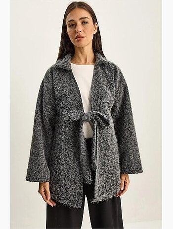 Casaco de malha oversized texturizado com decote em v e fecho de atar lucci