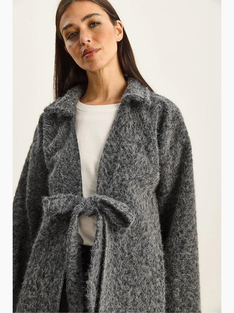 Casaco de malha oversized texturizado com decote em v e fecho de atar lucci Cinza - Kiabi