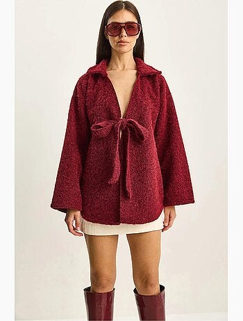 Casaco de malha oversized texturizado com decote em v e fecho de atar lucci