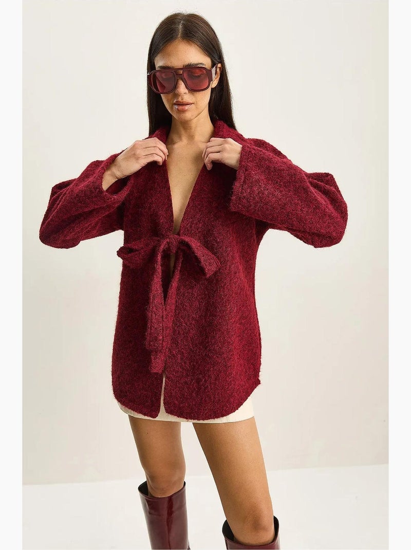 Casaco de malha oversized texturizado com decote em v e fecho de atar lucci Vermelho bordô - Kiabi