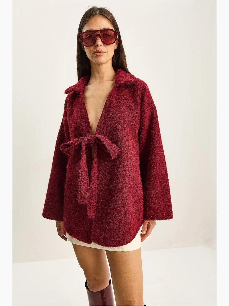 Casaco de malha oversized texturizado com decote em v e fecho de atar lucci Vermelho bordô - Kiabi