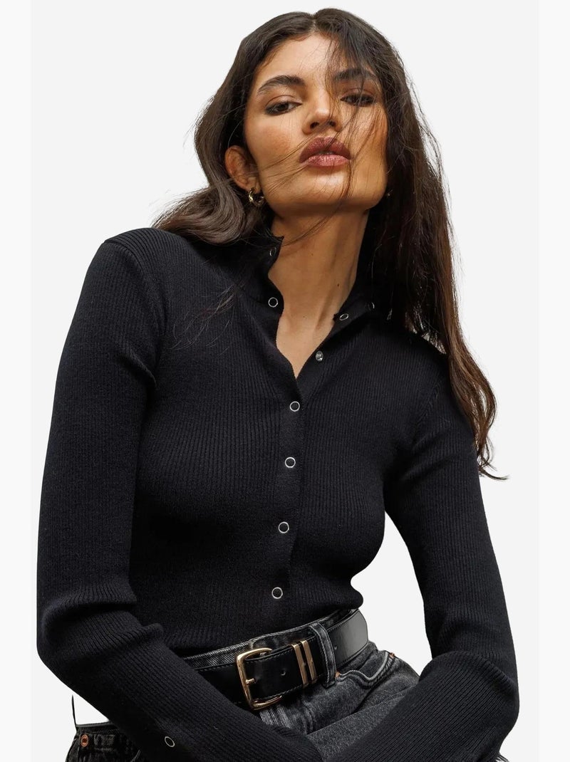 Casaco de malha slim fit com meio gola alta e fecho de botões mixray Preto - Kiabi