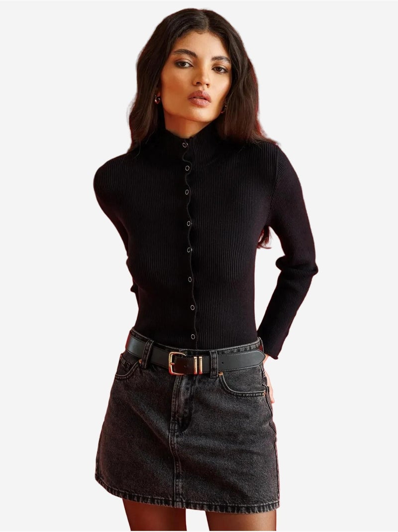 Casaco de malha slim fit com meio gola alta e fecho de botões mixray Preto - Kiabi