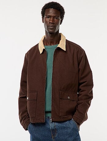 Casaco em sarja com fecho e gola canelada