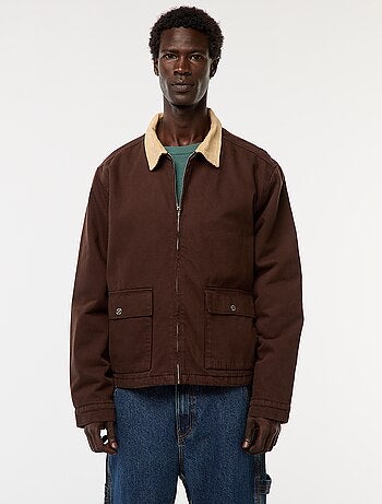 Casaco em sarja com fecho e gola canelada