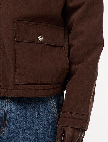 Casaco em sarja com fecho e gola canelada