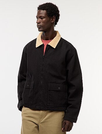 Casaco em sarja com fecho e gola canelada