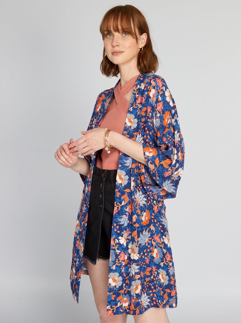 Casaco estilo quimono estampado e cintado AZUL - Kiabi