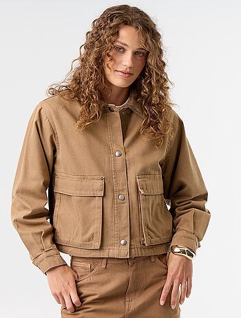 Casaco estilo workwear de ganga com gola de veludo