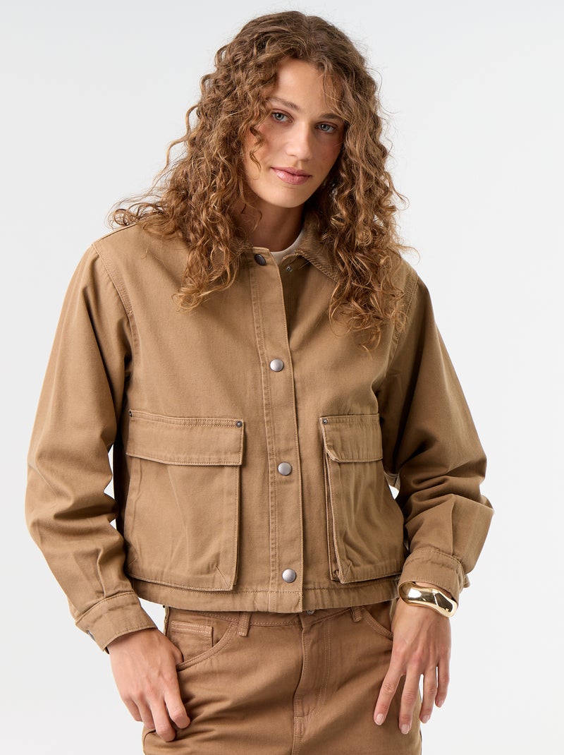 Casaco estilo workwear de ganga com gola de veludo Castanho - Kiabi