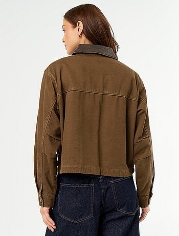 Casaco estilo workwear de ganga com gola de veludo