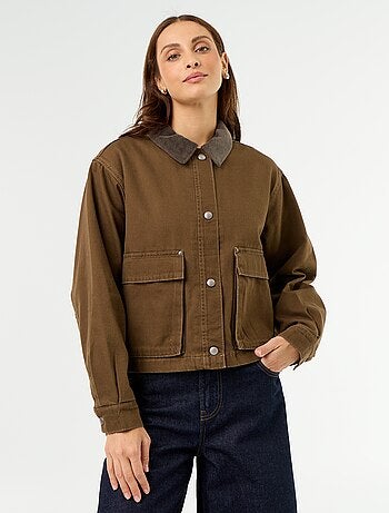 Casaco estilo workwear de ganga com gola de veludo