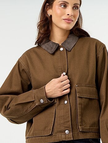 Casaco estilo workwear de ganga com gola de veludo