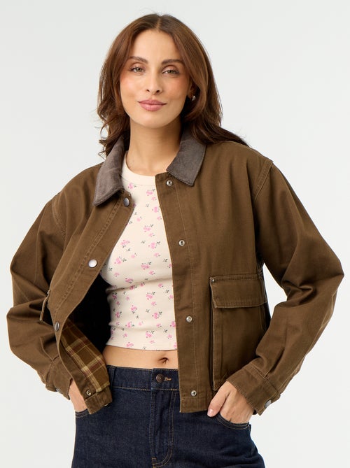 Casaco estilo workwear de ganga com gola de veludo - Kiabi