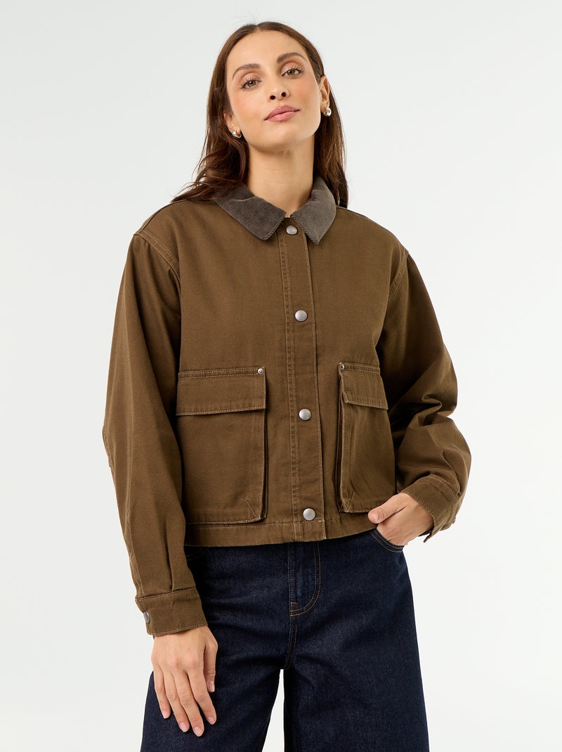 Casaco estilo workwear de ganga com gola de veludo Castanho - Kiabi