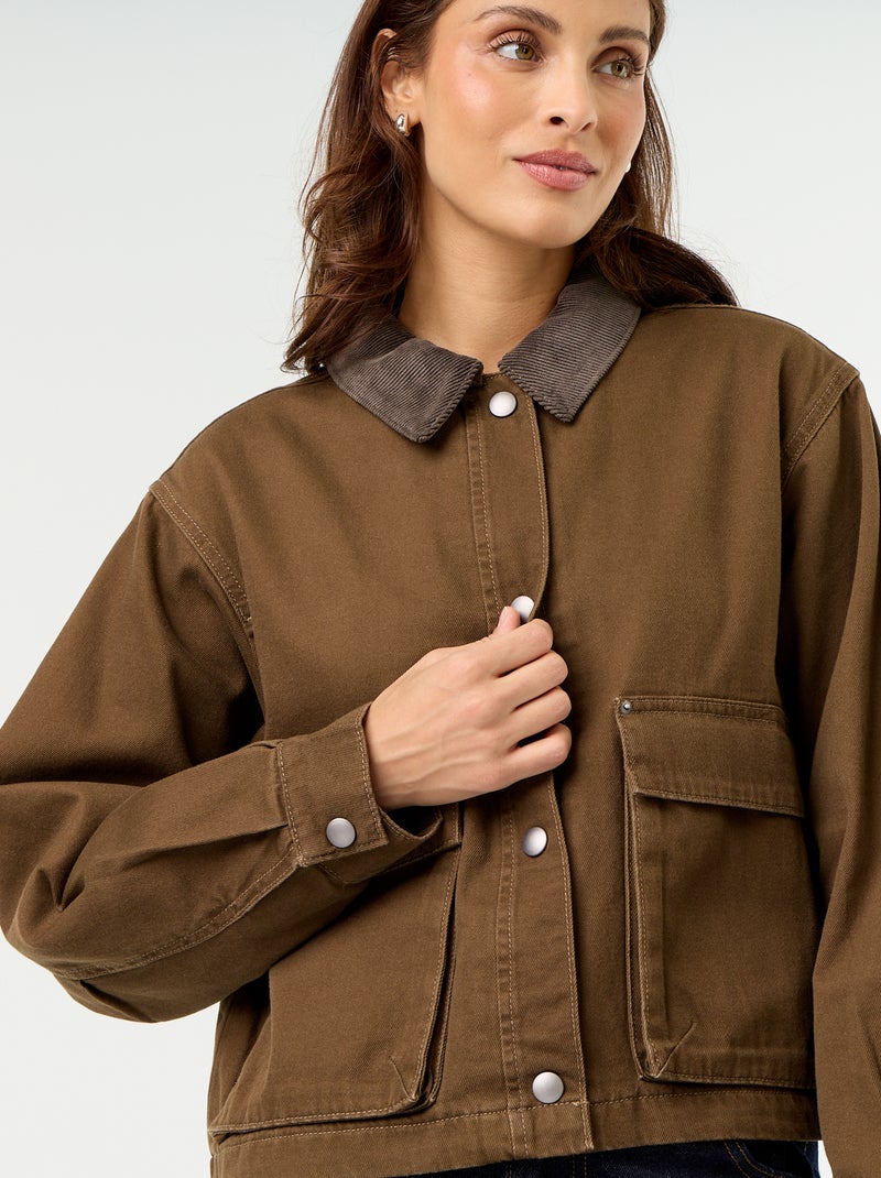 Casaco estilo workwear de ganga com gola de veludo Castanho - Kiabi