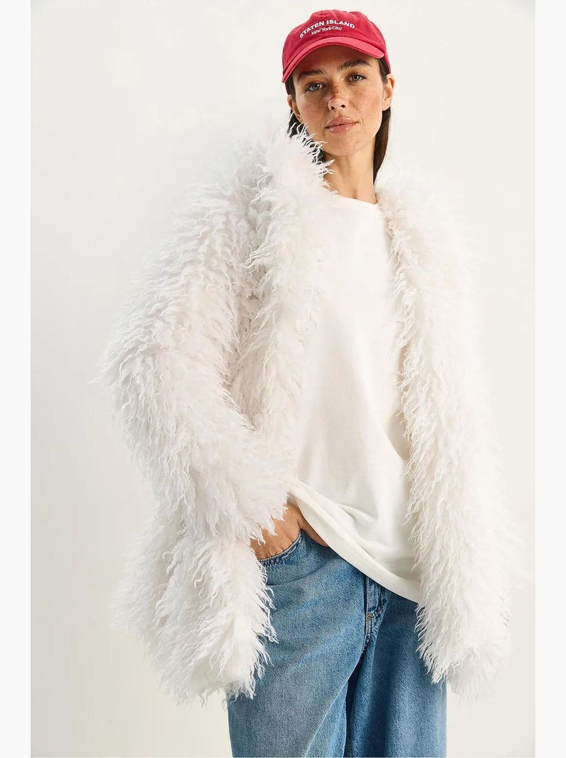 Casaco oversize com capuz em pelo sintético lucci Branco - Kiabi