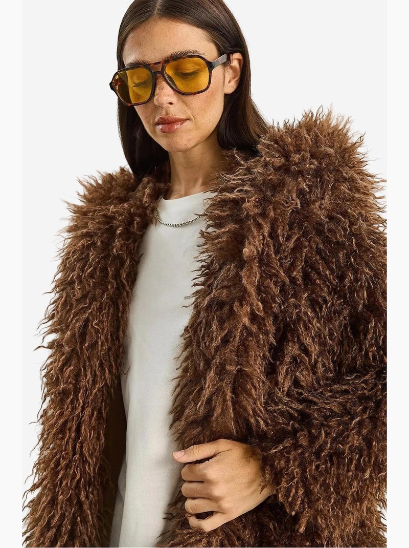Casaco oversize com capuz em pelo sintético lucci Castanho-chocolate - Kiabi