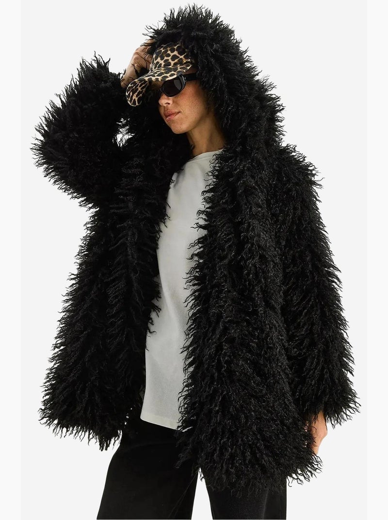 Casaco oversize com capuz em pelo sintético lucci Preto - Kiabi