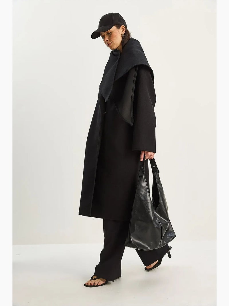 Casaco oversize comprido com gola xale e fecho de botões lucci Preto - Kiabi
