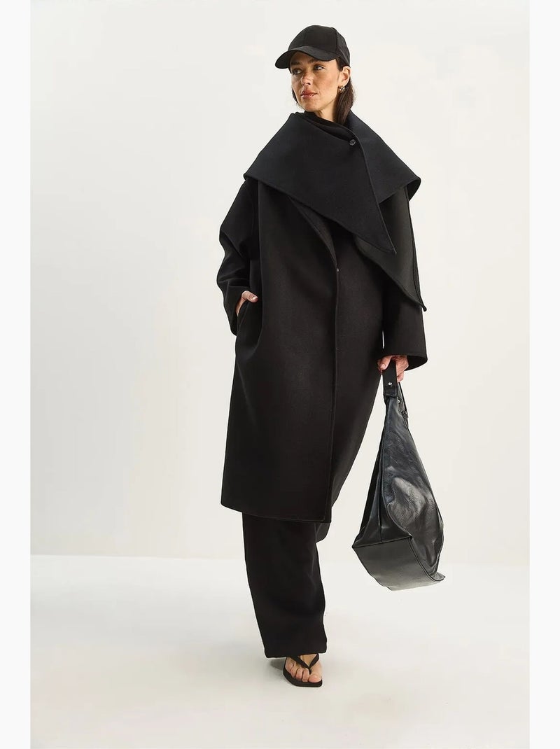 Casaco oversize comprido com gola xale e fecho de botões lucci Preto - Kiabi