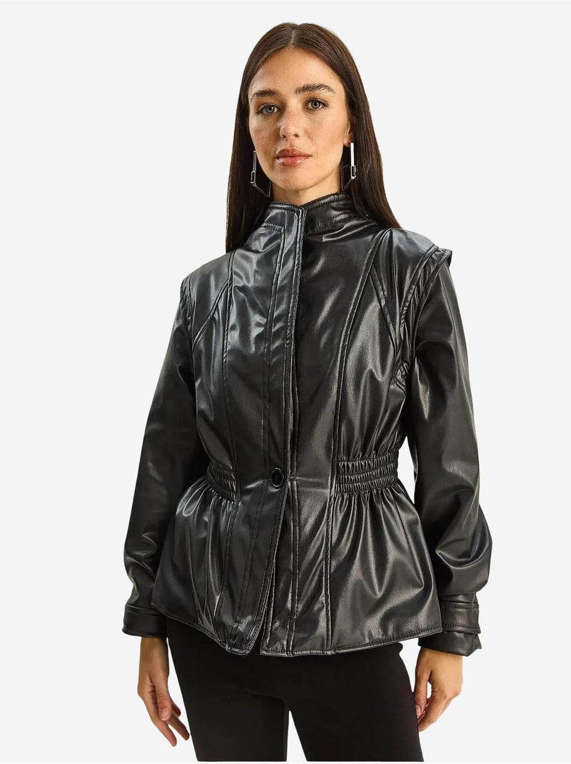 Casaco oversize em pele sintética com fecho de correr lucci Preto - Kiabi