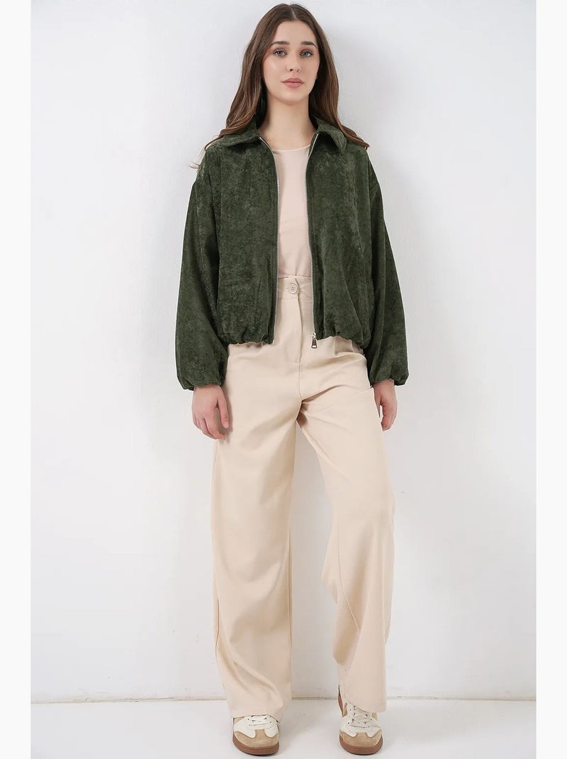 Casaco oversized de veludo com fecho de correr e bolsos bdart Cáqui - Kiabi